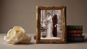 <una-foto-de-una-novia-y-un-novio-en-un-marco-con-una-flor-en-el-medio>